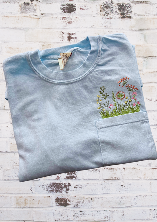 Long Sleeve Pocket T - Wildflowers, Blue